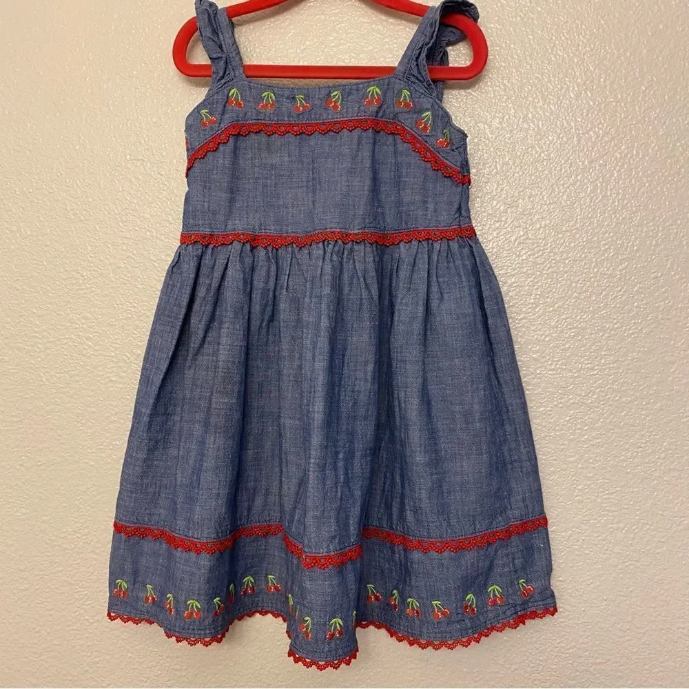 Gymboree Embroidered Chambray Cherry denim ruffle Americana 4th of July Dress 3T